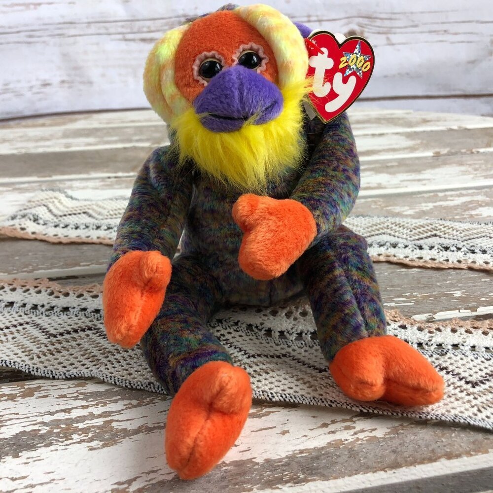 Ty Beanie Babies Bananas 2000 Plush Monkey Multicolor Orange Purple